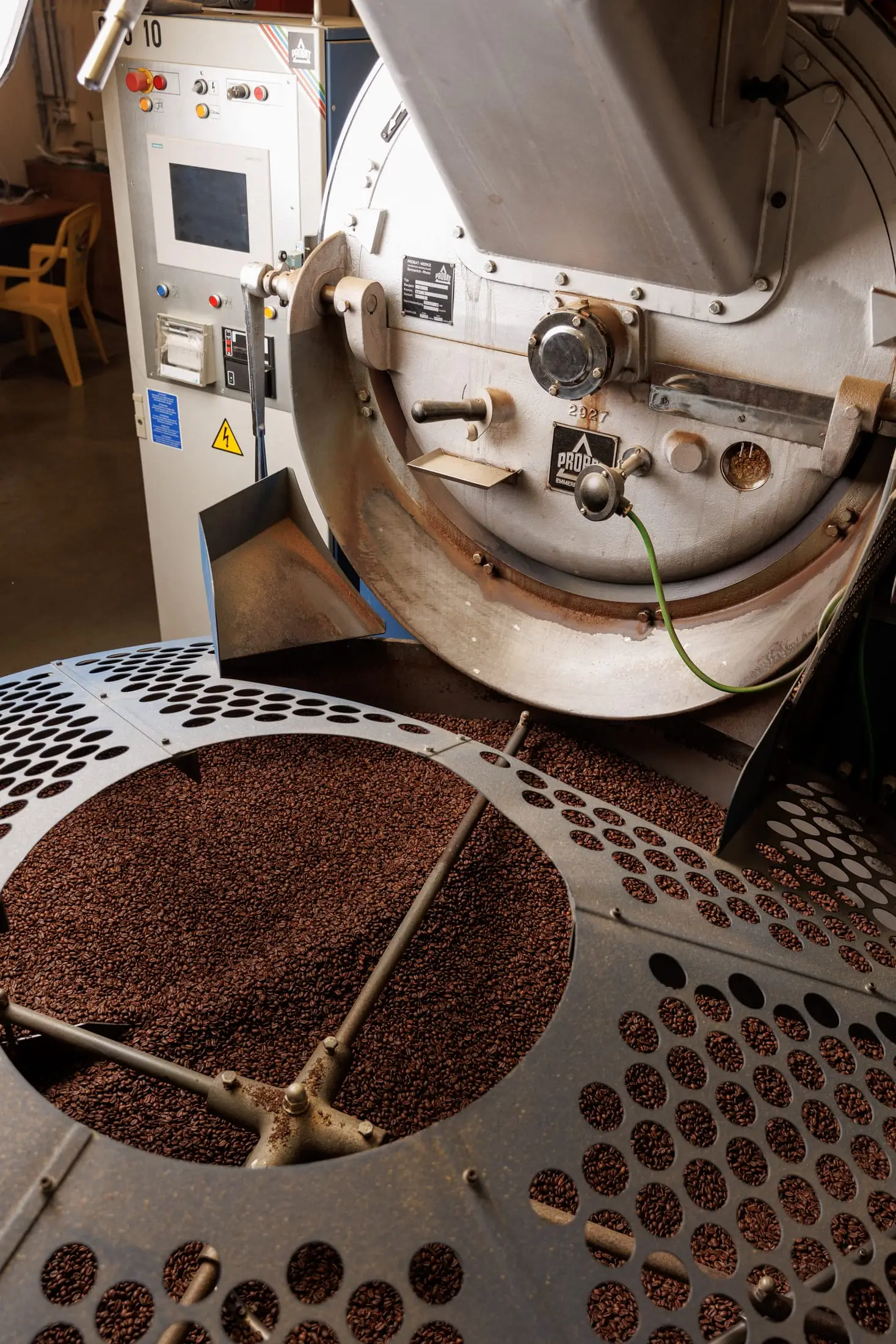 De Probat-brandmachine met een koelzeef vol vers gebrande bonen